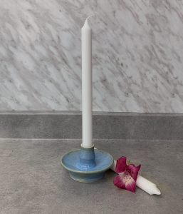 Reliquary in the shape of a pale blue candlestick